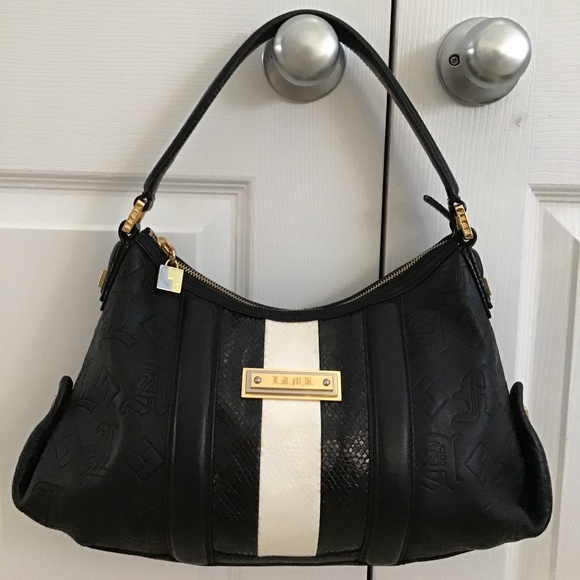 L.A.M.B. by Gwen Stefani black leather handbag with black/white snake skin strip - Picture 1 of 9